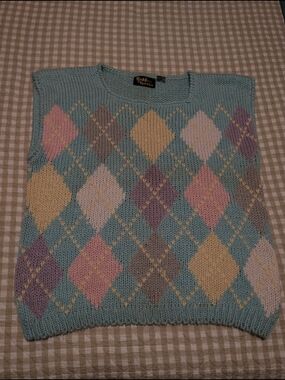 Golden Touch Pastel Argyle Knit Sweater Vest - Light Teal by Golden Threads